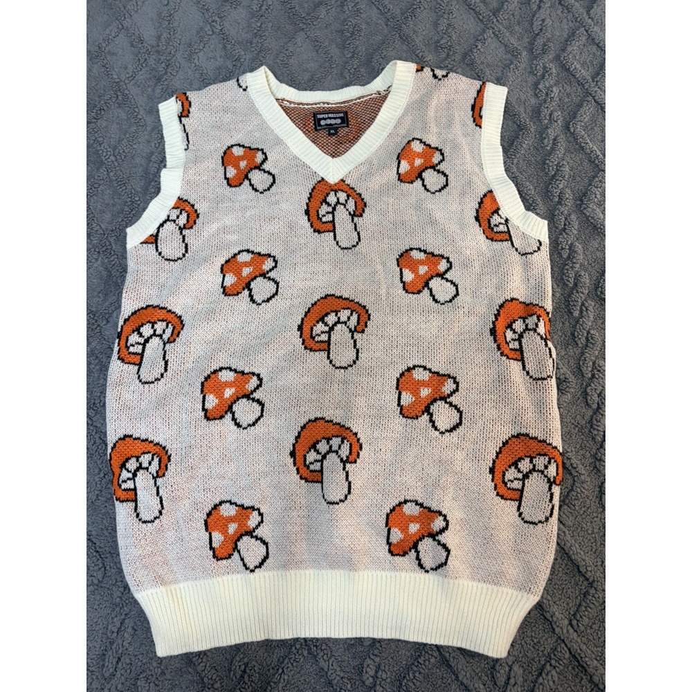 Mushroom Print Sweater Vest Super Massive Brand Orange Beige Sz XL. Acrylic